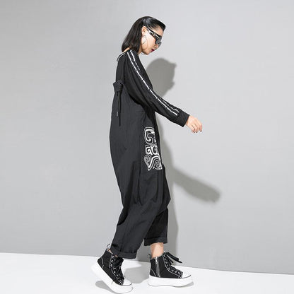 Women Cool Loose Black Print Overalls