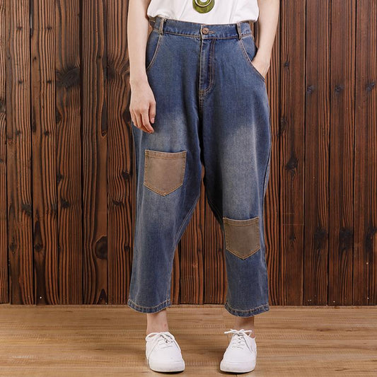 Women Cotton Casual Pockets Straight Jeans