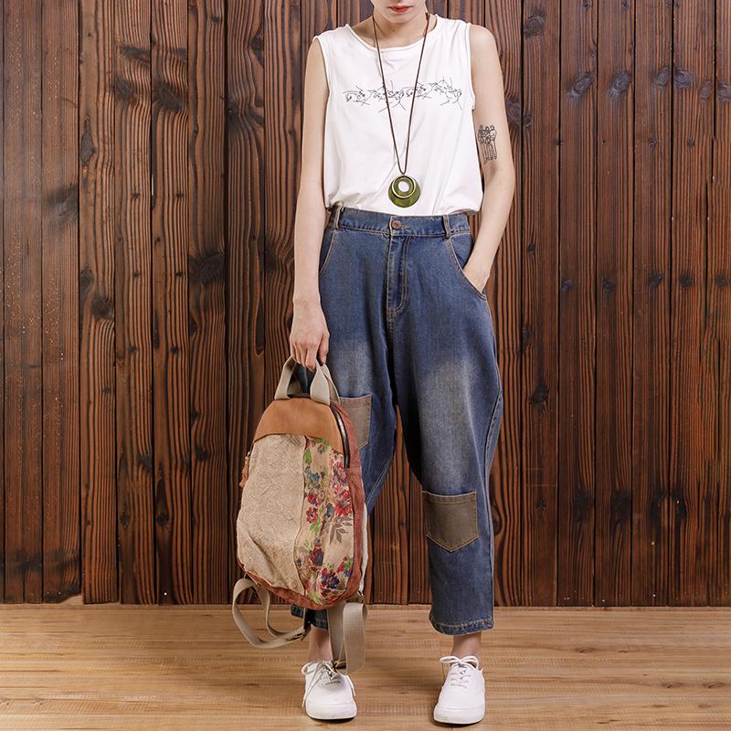 Women Cotton Casual Pockets Straight Jeans