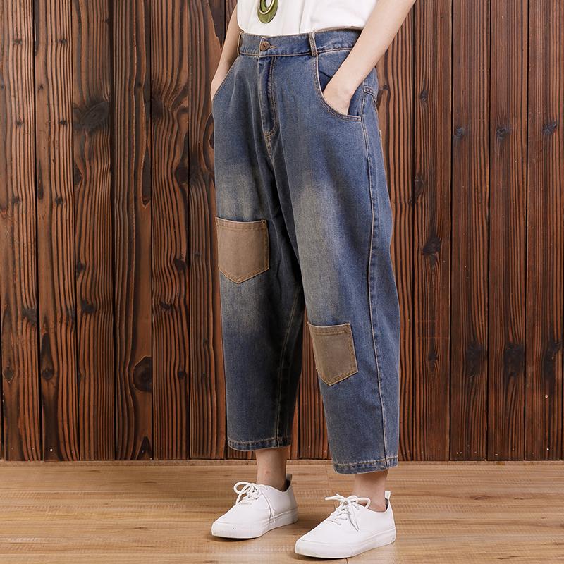 Women Cotton Casual Pockets Straight Jeans