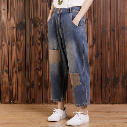 Women Cotton Casual Pockets Straight Jeans