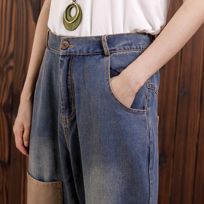 Women Cotton Casual Pockets Straight Jeans