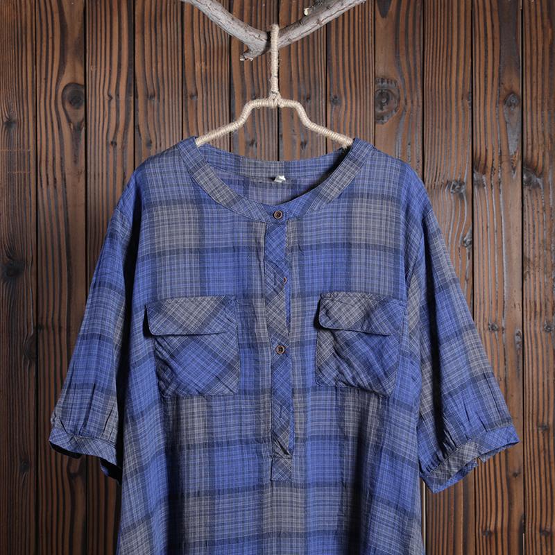 Women Cotton Linen Dress Casual Plaid Dress