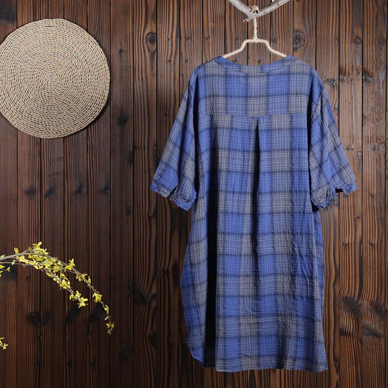 Women Cotton Linen Dress Casual Plaid Dress
