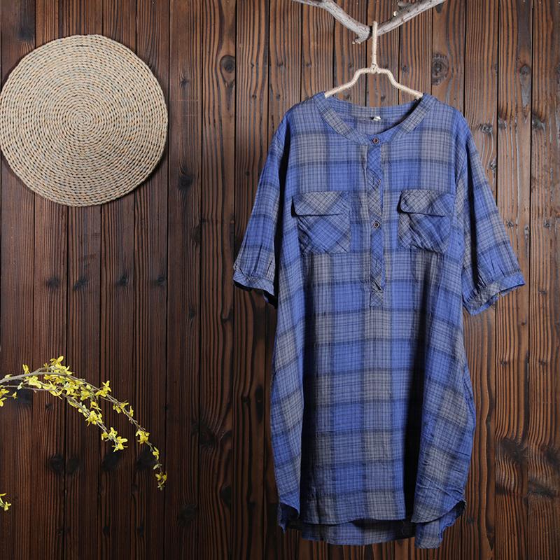 Women Cotton Linen Dress Casual Plaid Dress