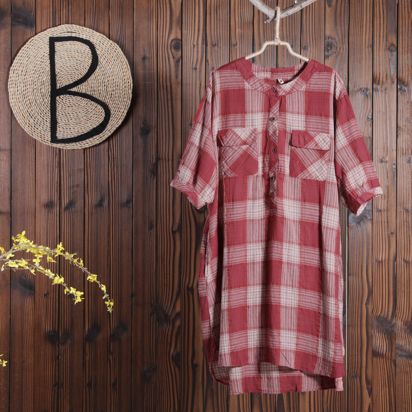 Women Cotton Linen Dress Casual Plaid Dress