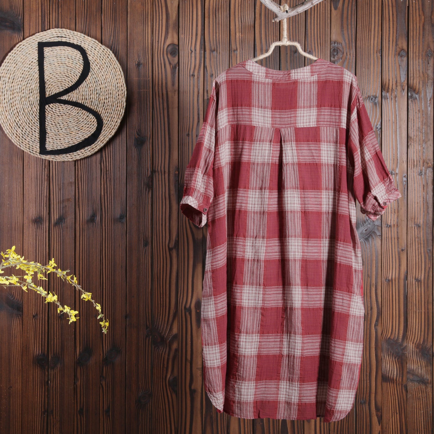 Women Cotton Linen Dress Casual Plaid Dress