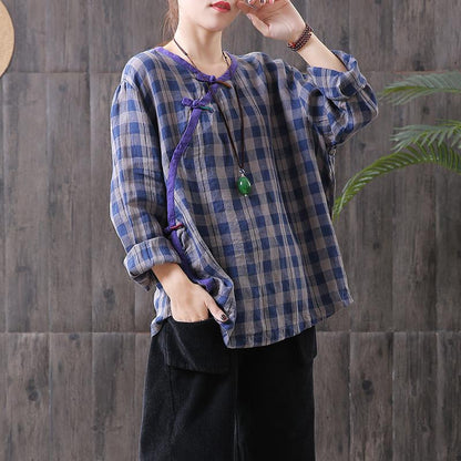 Women Cotton Linen Spring Plaid Loose Frog Shirt