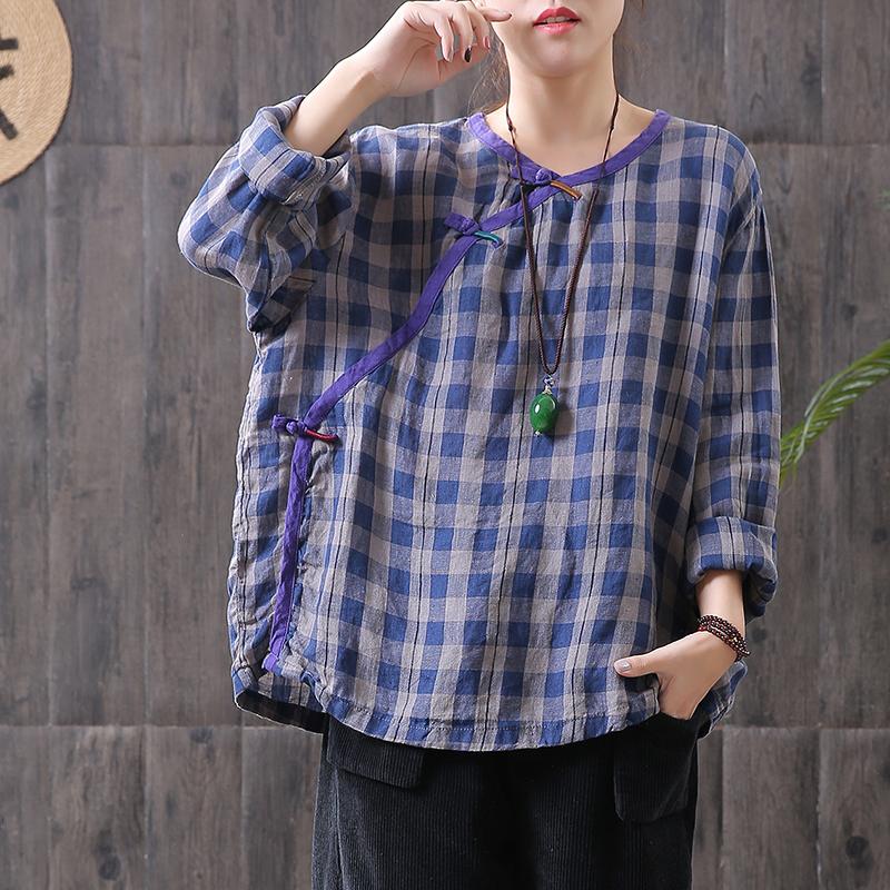 Women Cotton Linen Spring Plaid Loose Frog Shirt
