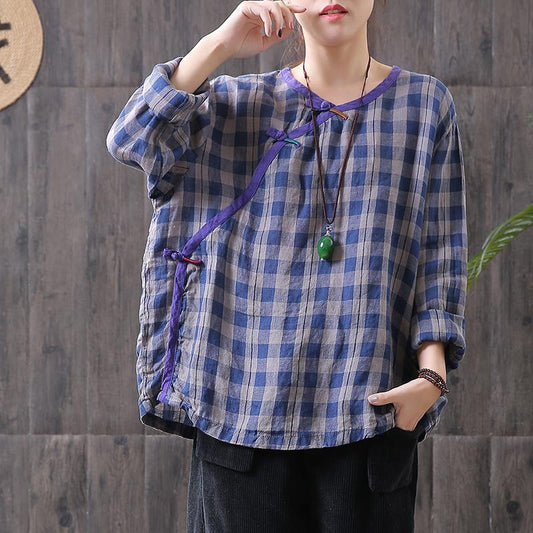 Women Cotton Linen Spring Plaid Loose Frog Shirt