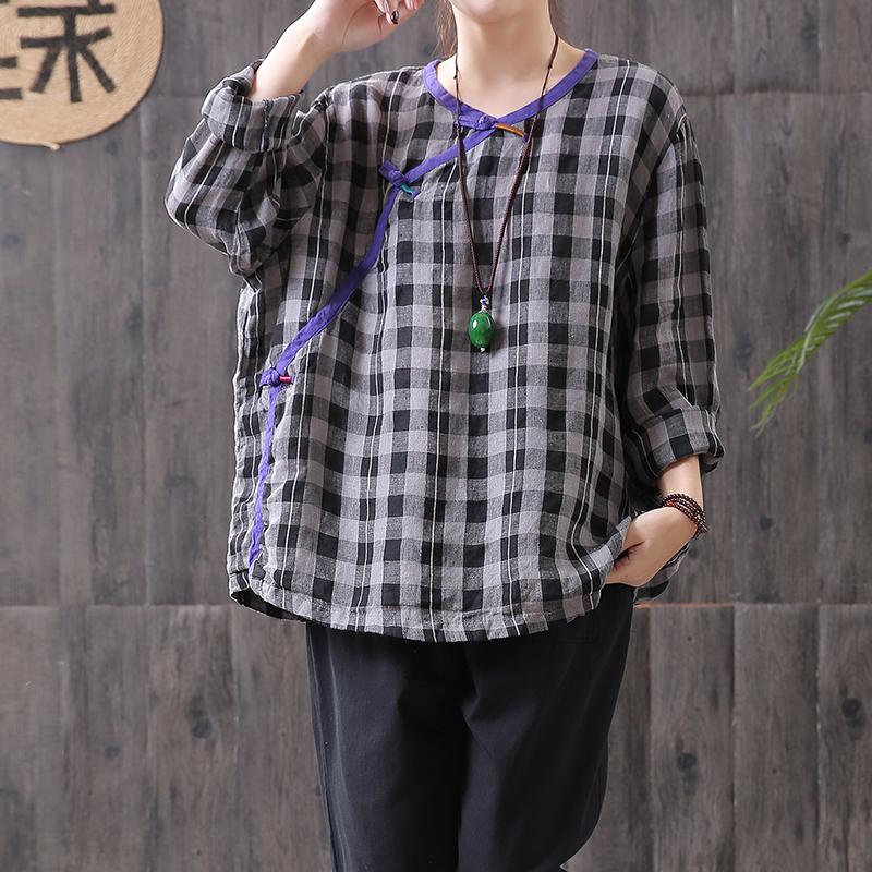 Women Cotton Linen Spring Plaid Loose Frog Shirt