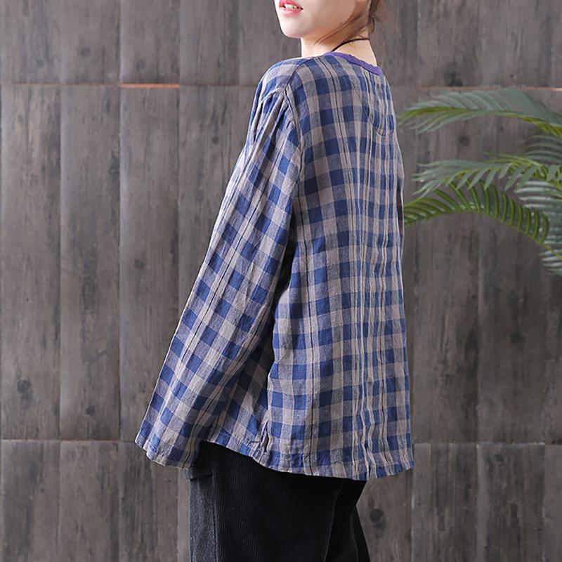 Women Cotton Linen Spring Plaid Loose Frog Shirt
