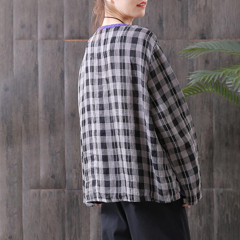 Women Cotton Linen Spring Plaid Loose Frog Shirt