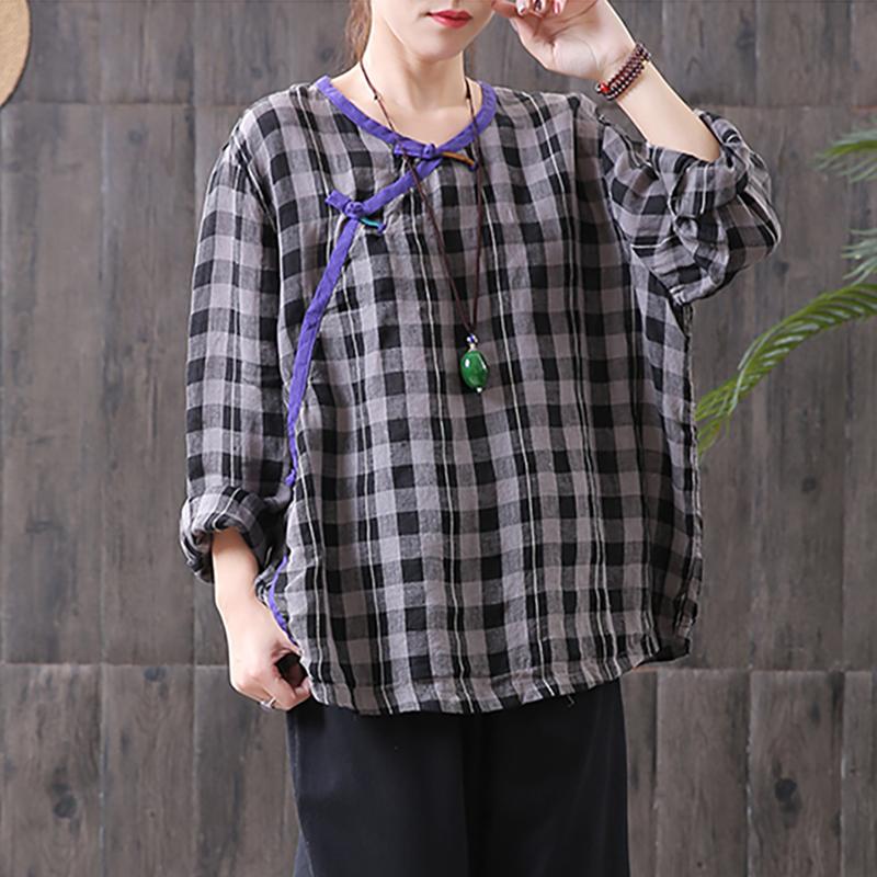 Women Cotton Linen Spring Plaid Loose Frog Shirt