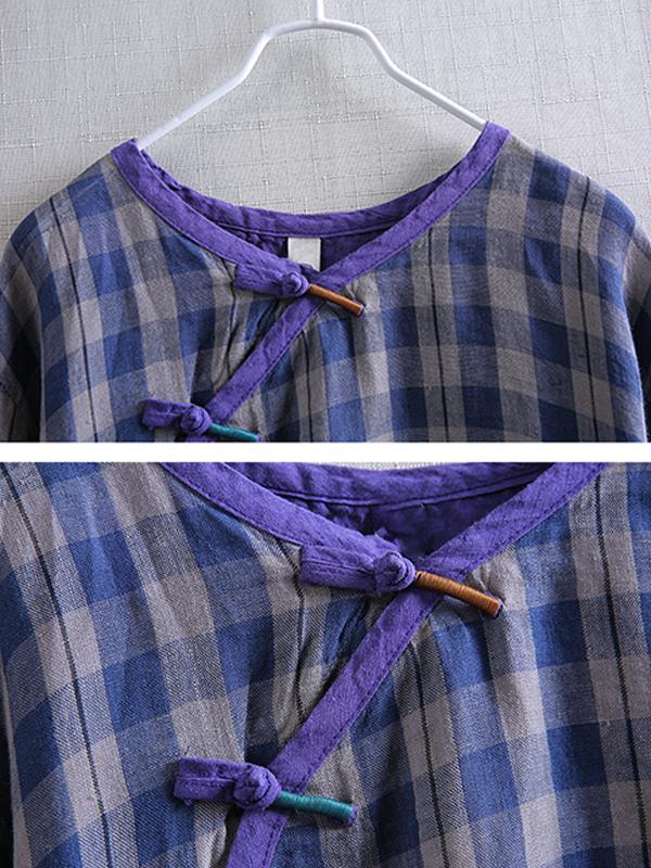 Women Cotton Linen Spring Plaid Loose Frog Shirt