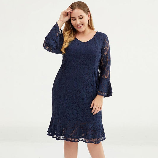 Women Elegant Lace Mini Dress With Bell Sleeve