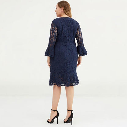 Women Elegant Lace Mini Dress With Bell Sleeve