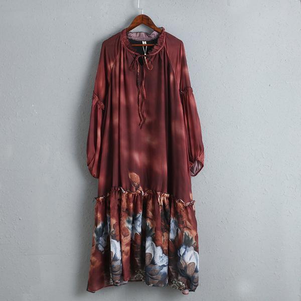 Floral Print Elegant Long Sleeve Red Dress