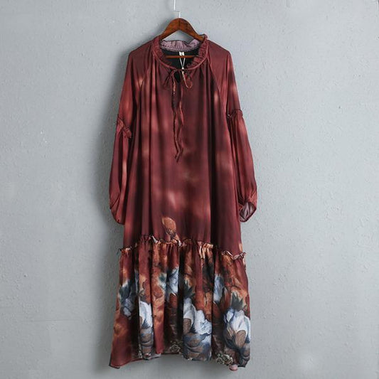 Floral Print Elegant Long Sleeve Red Dress