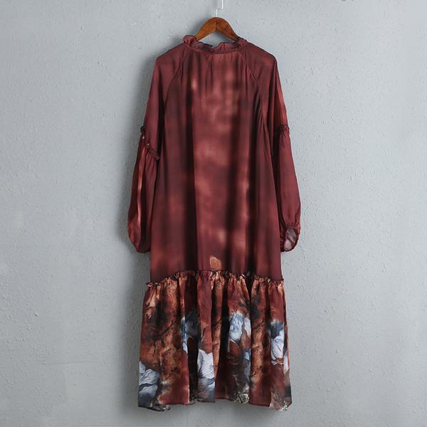 Floral Print Elegant Long Sleeve Red Dress