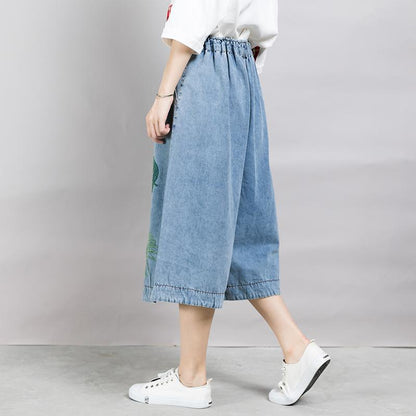 Women Embroidered Leaves Wide Leg Jeans