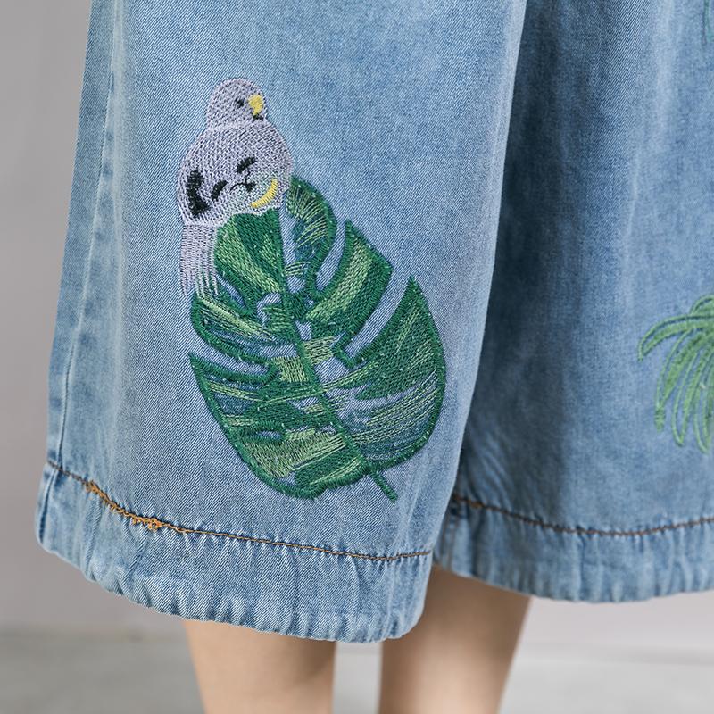 Women Embroidered Leaves Wide Leg Jeans