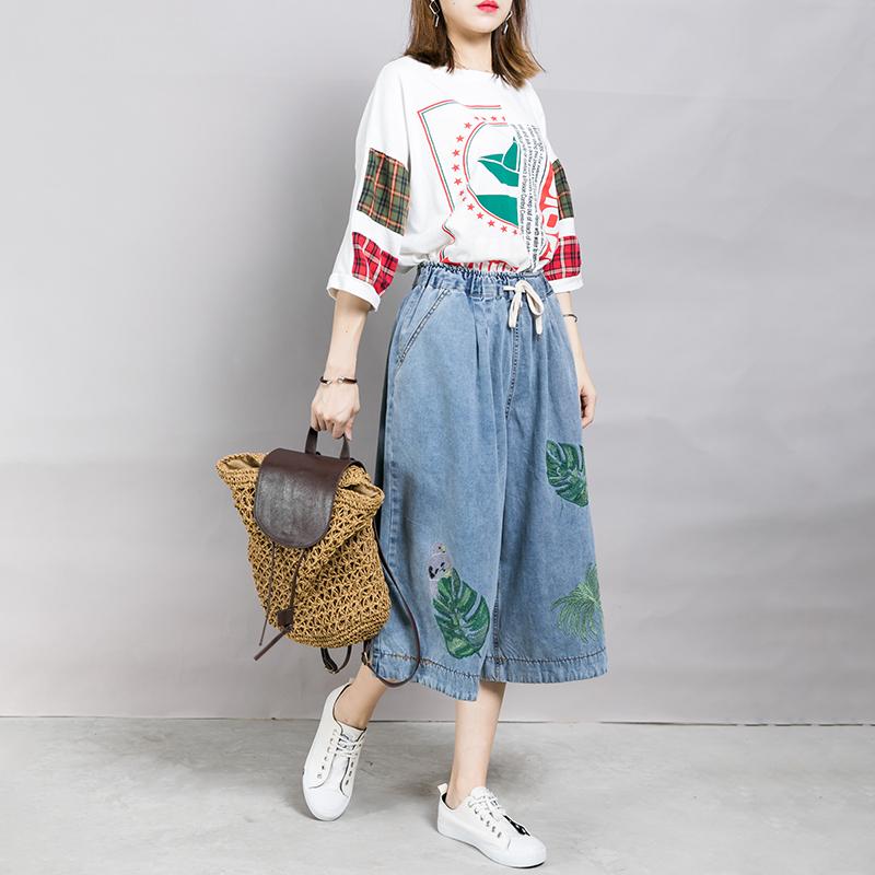 Women Embroidered Leaves Wide Leg Jeans