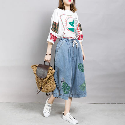Women Embroidered Leaves Wide Leg Jeans