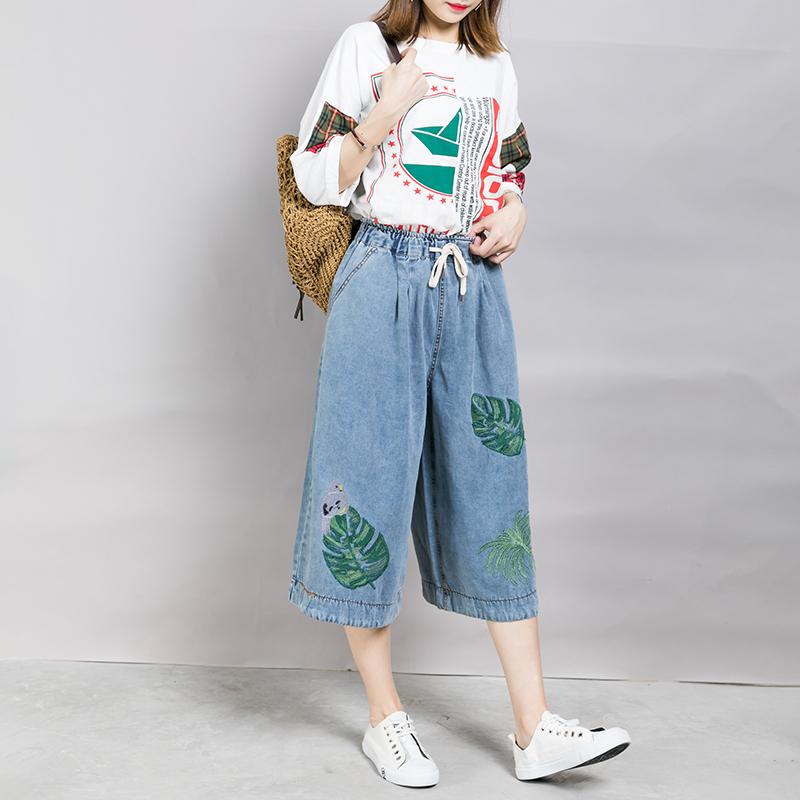 Women Embroidered Leaves Wide Leg Jeans