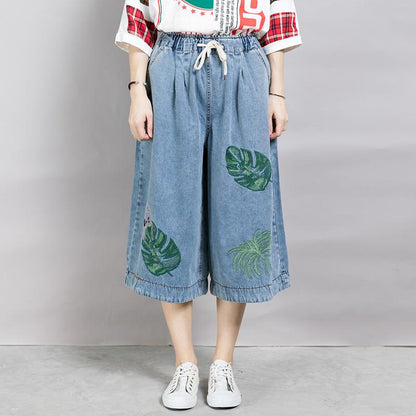 Women Embroidered Leaves Wide Leg Jeans