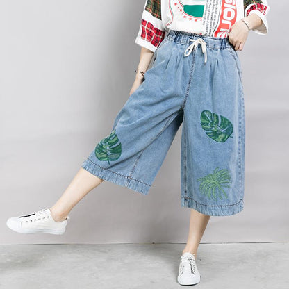Women Embroidered Leaves Wide Leg Jeans
