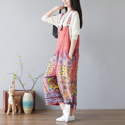 Women Floral Bib Jumpsuit Overall Jeans