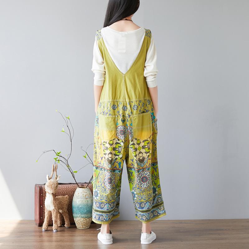 Women Floral Bib Jumpsuit Overall Jeans