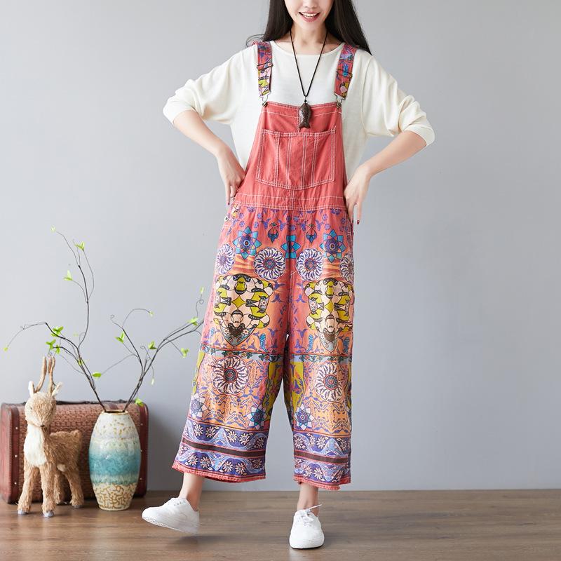 Women Floral Bib Jumpsuit Overall Jeans