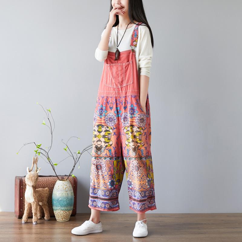 Women Floral Bib Jumpsuit Overall Jeans