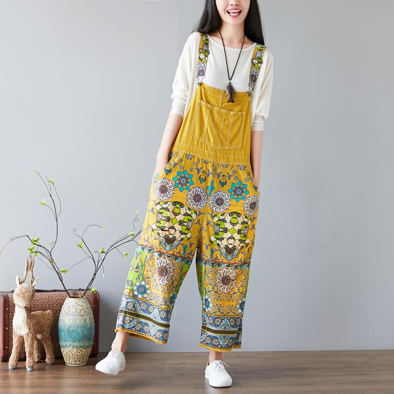 Women Floral Bib Jumpsuit Overall Jeans