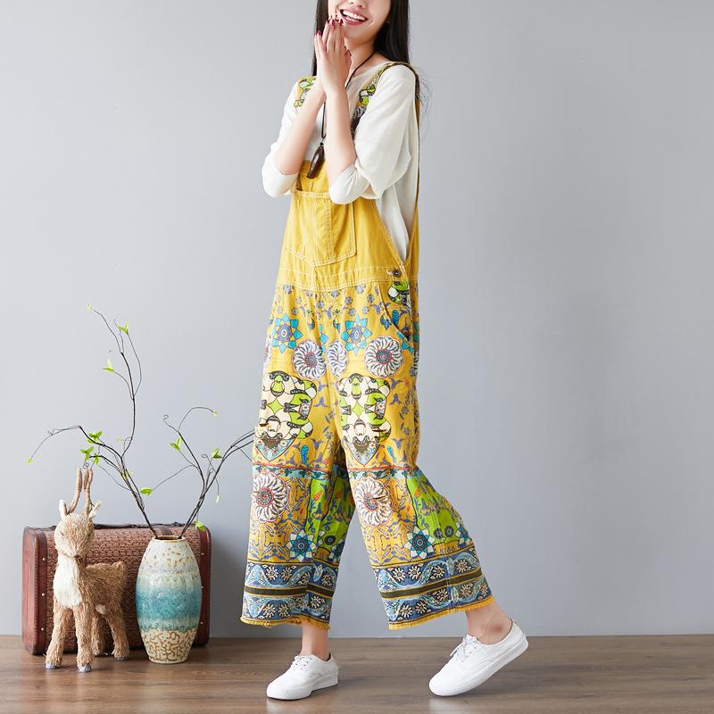 Women Floral Bib Jumpsuit Overall Jeans