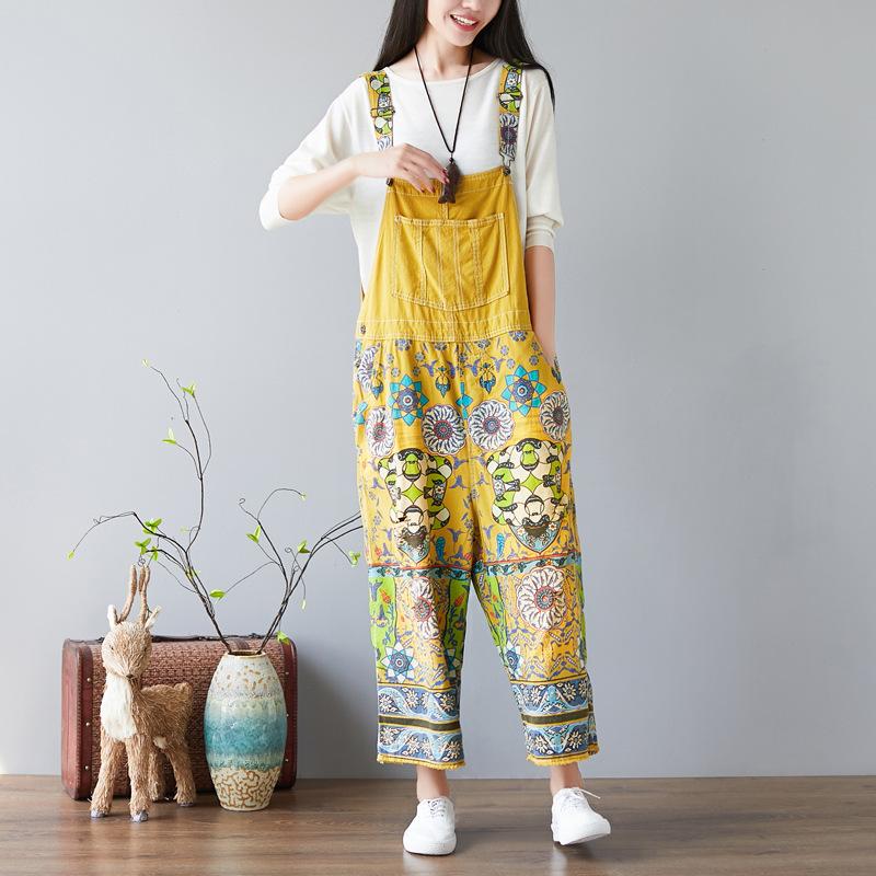Women Floral Bib Jumpsuit Overall Jeans