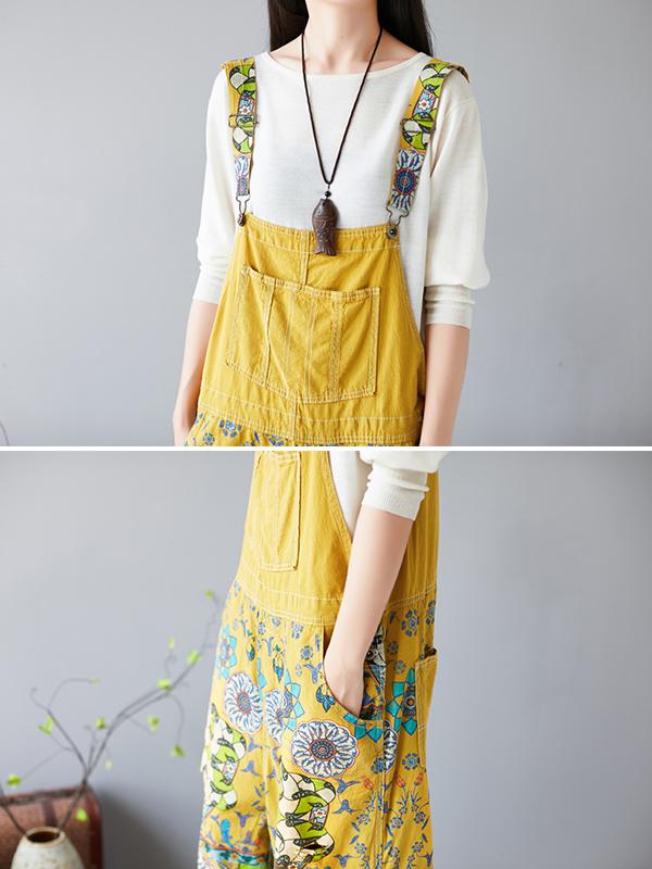 Women Floral Bib Jumpsuit Overall Jeans