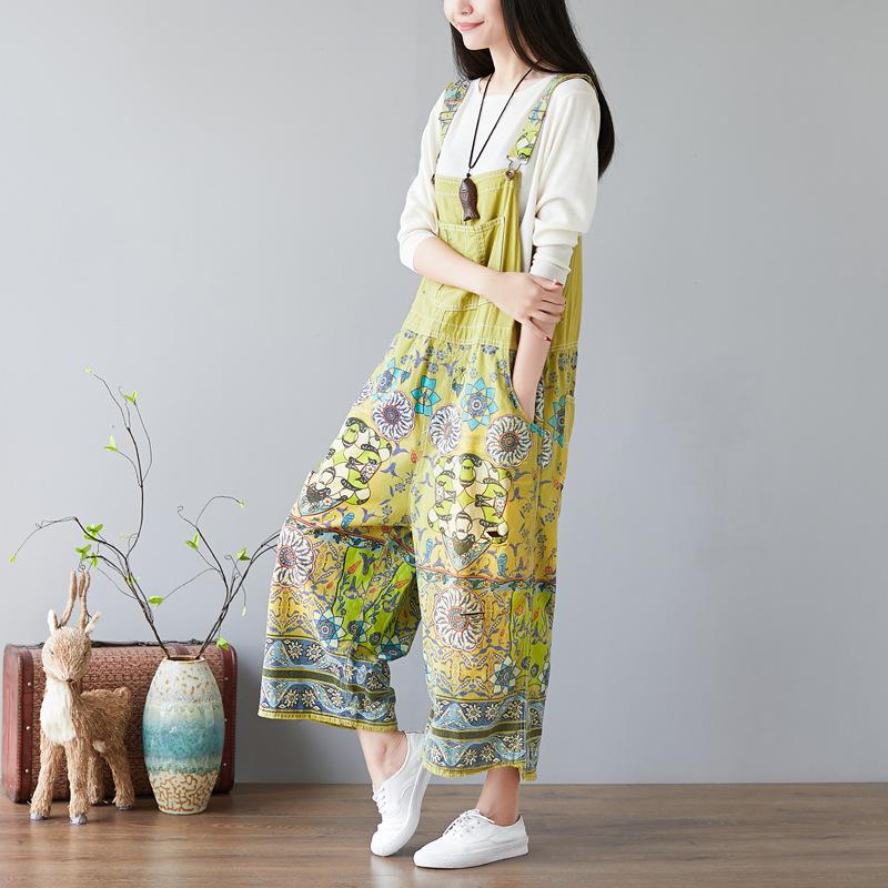 Women Floral Bib Jumpsuit Overall Jeans