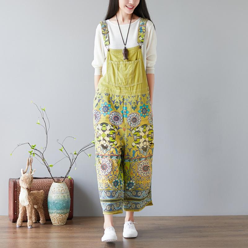 Women Floral Bib Jumpsuit Overall Jeans