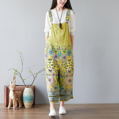 Women Floral Bib Jumpsuit Overall Jeans