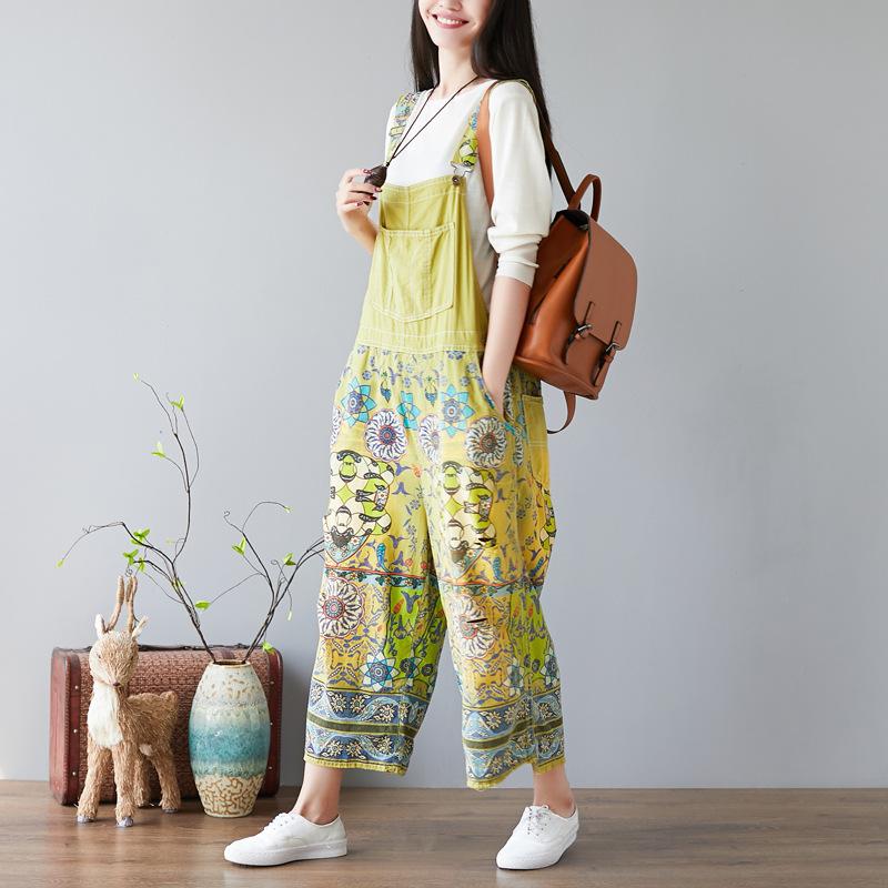 Women Floral Bib Jumpsuit Overall Jeans