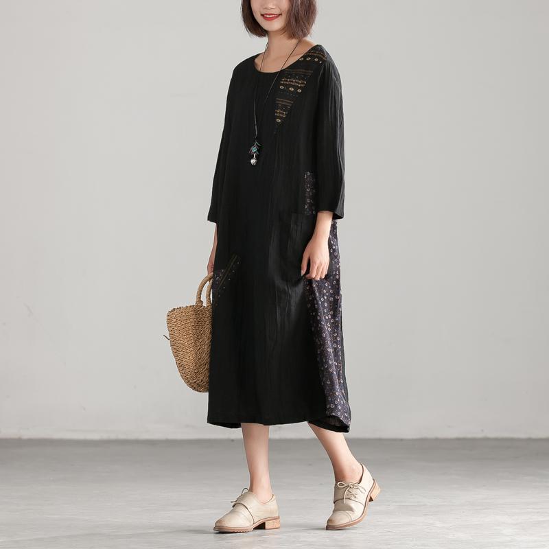 Women Floral Round Neck Black Casual Dress