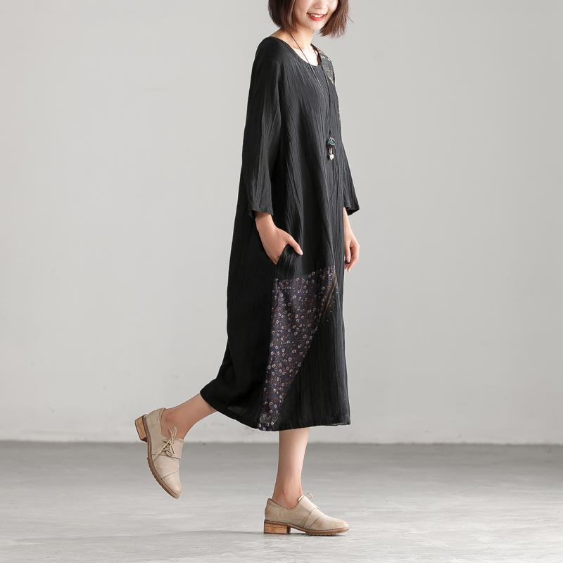 Women Floral Round Neck Black Casual Dress