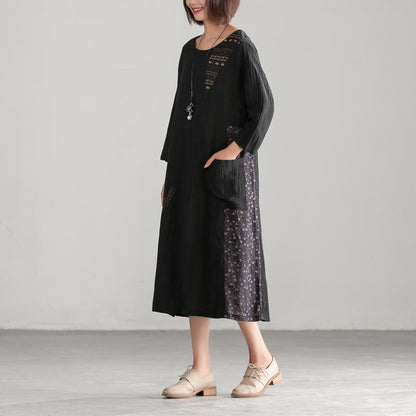 Women Floral Round Neck Black Casual Dress