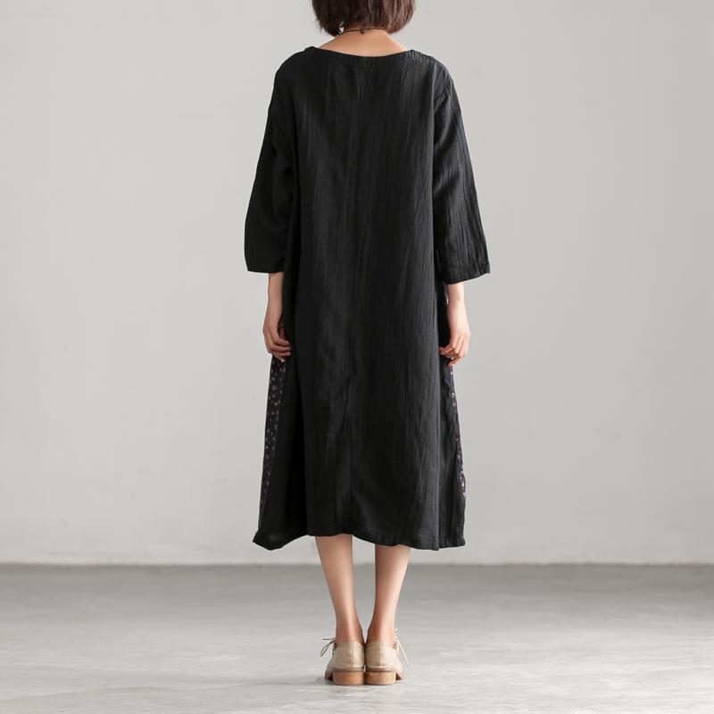 Women Floral Round Neck Black Casual Dress