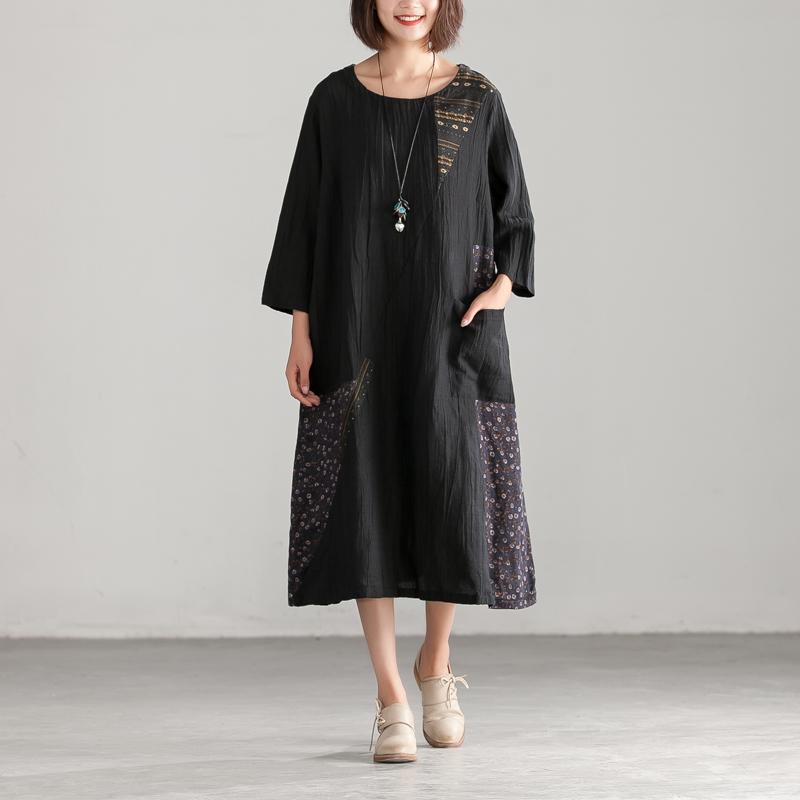 Women Floral Round Neck Black Casual Dress