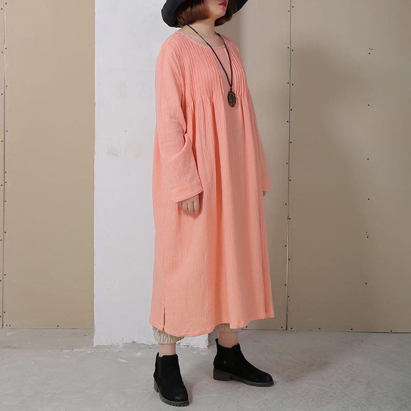 Women Folded Round Neck Long Sleeve Side Slit Dress