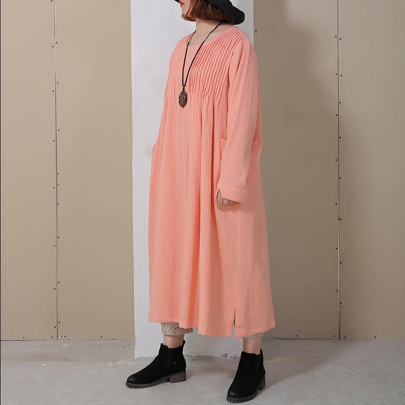 Women Folded Round Neck Long Sleeve Side Slit Dress